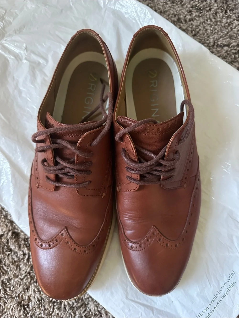 Cole Haan Brown Leather Wingtip Derby Oxfords with White Contrast Sole